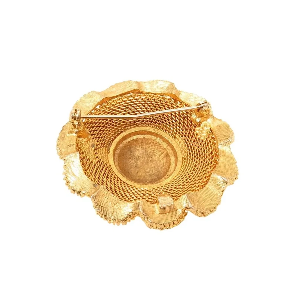 Vintage Round Tiered Mesh Dome Faux Pearl Gold Plated Pin‎ Brooch*1-7/8